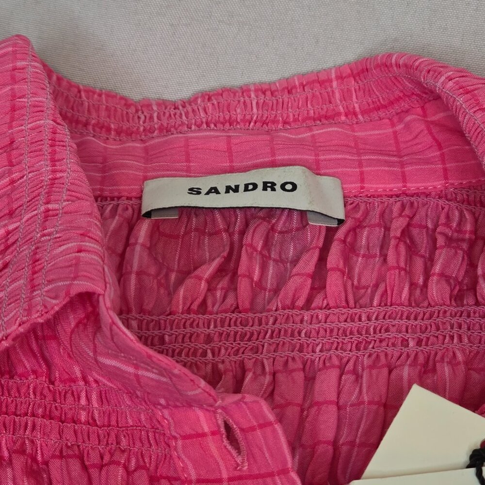 Sandro Janelle Stripe Smocked Cropped Blouse in Rose Bonbon, FR 2/ M, NWT - Picture 6 of 9